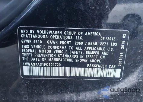 2015 Volkswagen Passat 1.8T Limited Edition from USA, damaged, VIN 1VWAS7A31FC101729